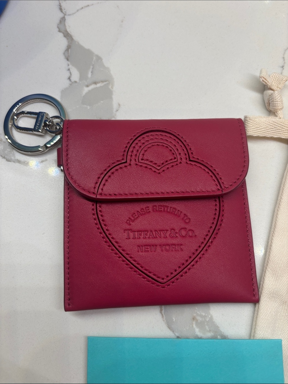 Tiffany & Co. Fuchsia Leather Pouch with keyring Card Holder RARE HTF Color